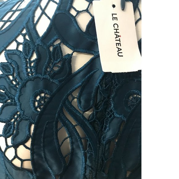 Rare Le Chateau laser cut crochet floral lace embroidery emerald teal blue dress - Picture 11 of 11